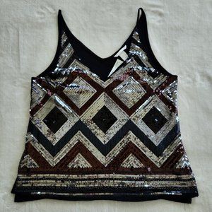 NWT Sequined Tank Top Medium Black with Silver, Bronze Flowy